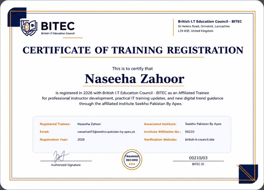BITEC Advanced IT Training Certificate — Naseeha Zahoor, 2026
